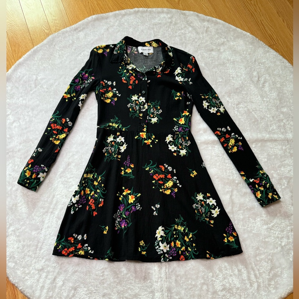 Floral Long Sleeve Dress - Black